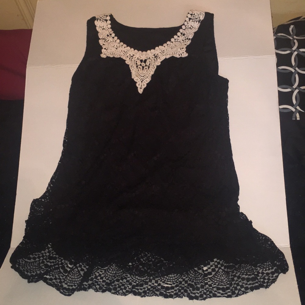 Black Lace Dress with White Accent Neckline